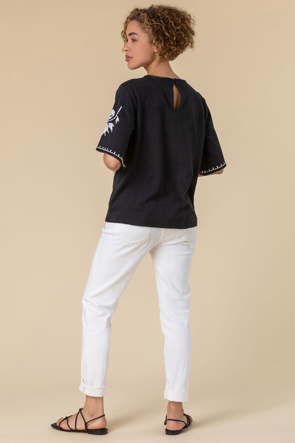 Black Embroidered Yoke T-Shirt, Image 2 of 5