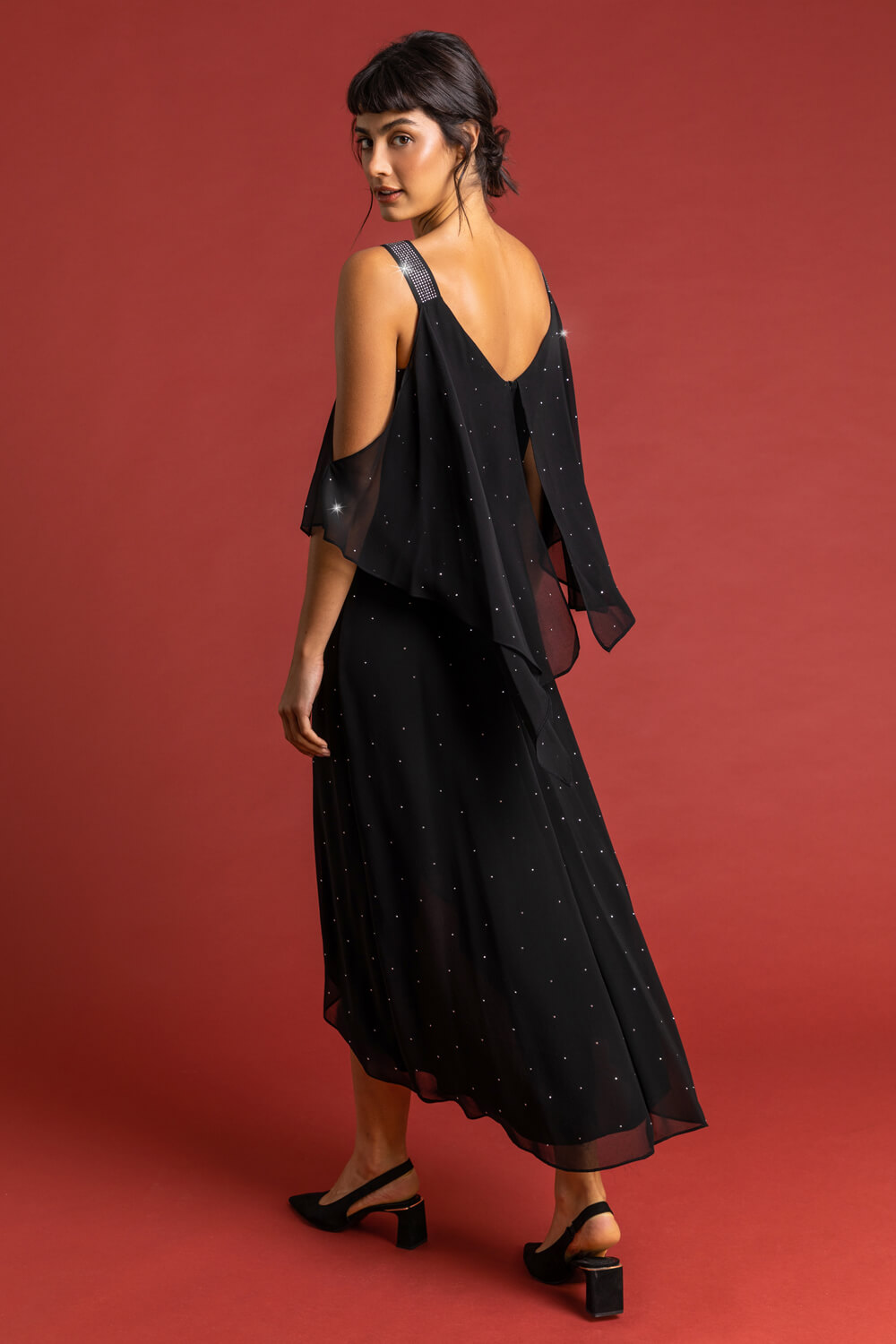 Black Diamante Embellished Chiffon Dress, Image 2 of 5