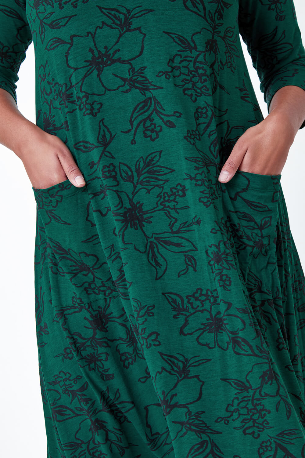 Green Curve Floral Print Swing Stretch Dress, Image 5 of 5