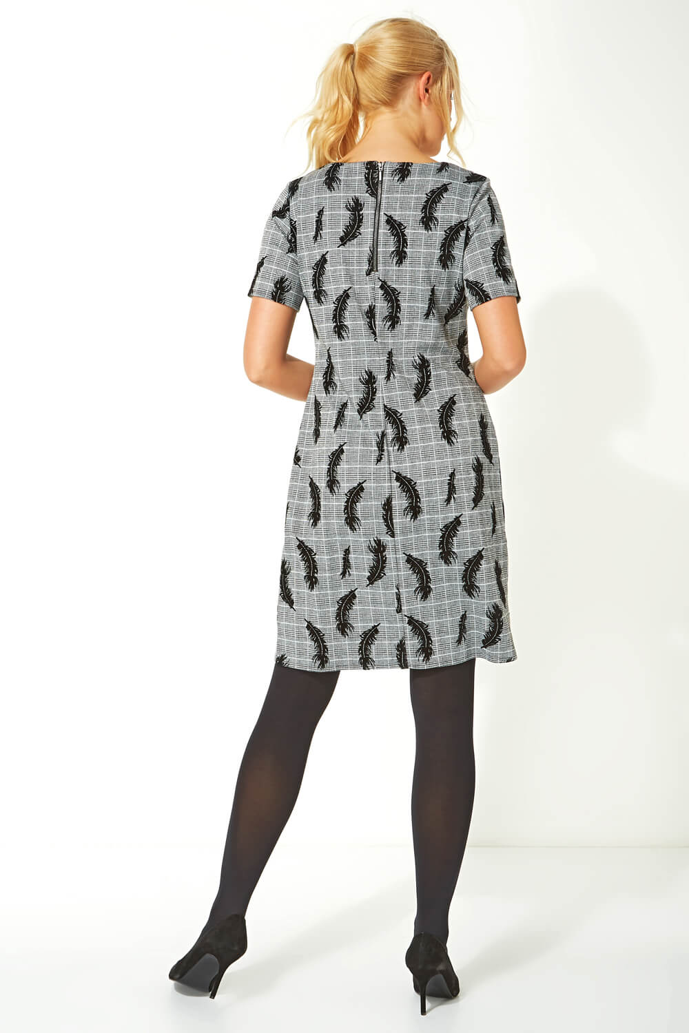 Grey Feather Checked Smart Shift Dress, Image 3 of 5