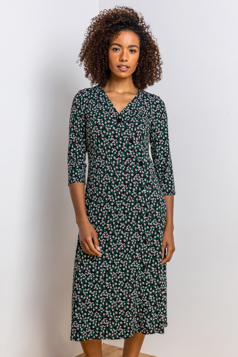 Green Ditsy Floral Print Wrap Dress, Image 3 of 5