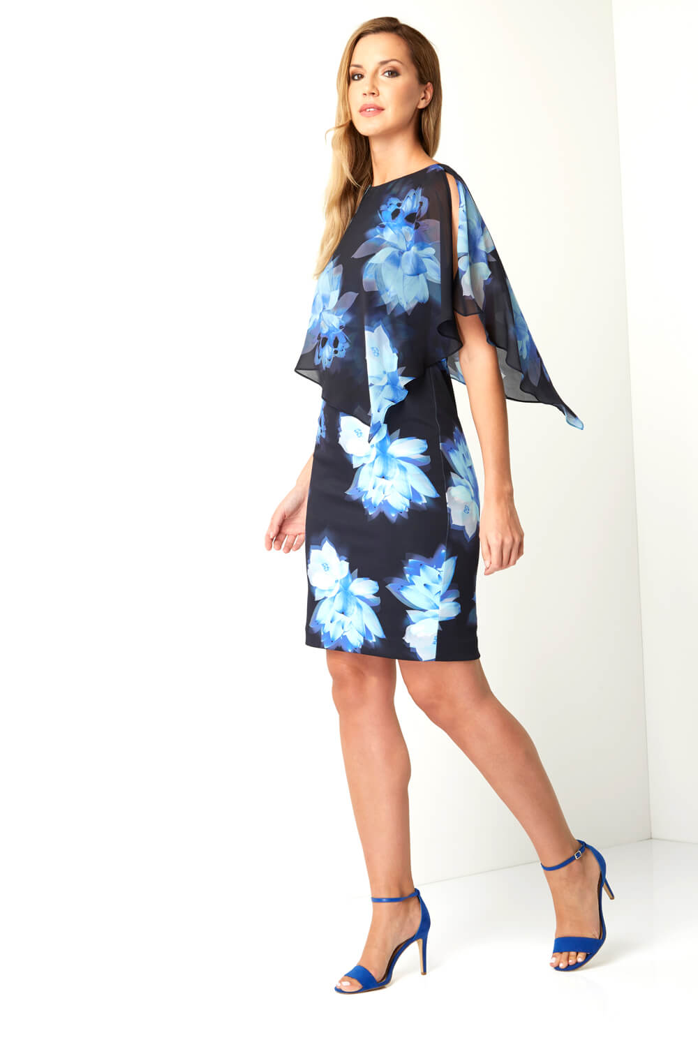 Blue Chiffon Layer Floral Print Scuba Dress, Image 2 of 5