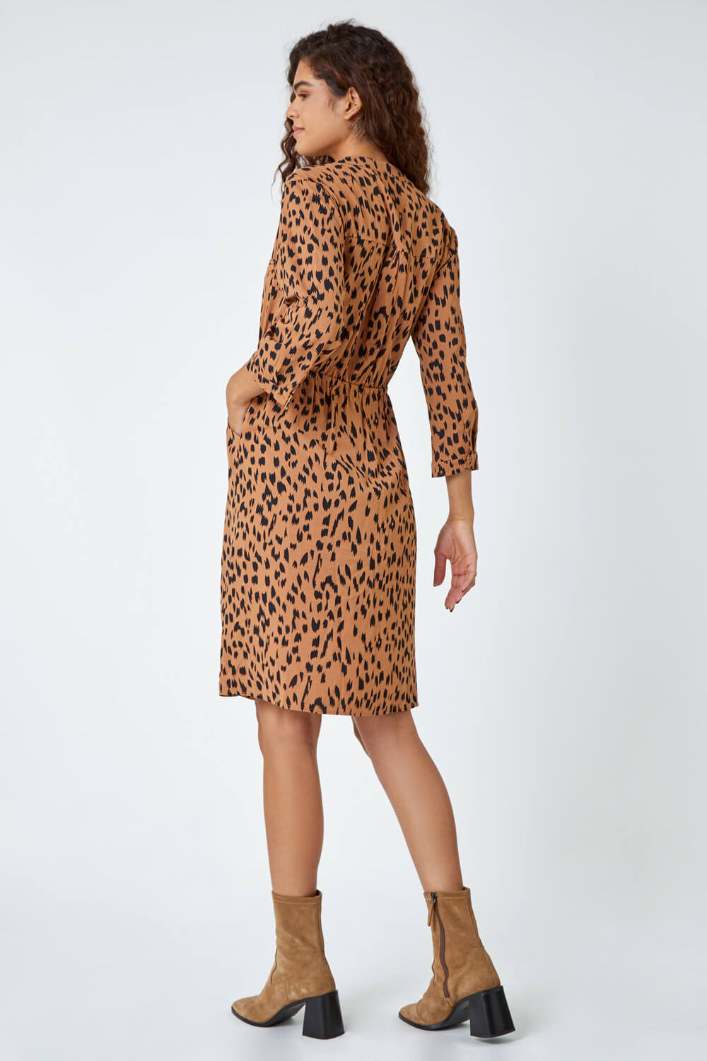 Camel  Leopard Print Zip Detail Shirt Dress, Image 3 of 5