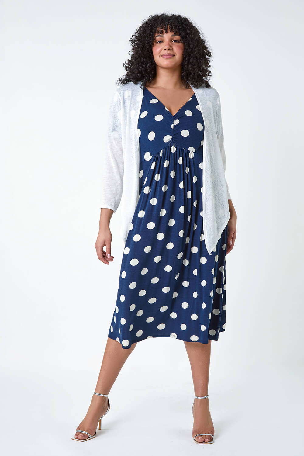 Navy  Curve Ruched Front Polka Dot Dress, Image 4 of 5