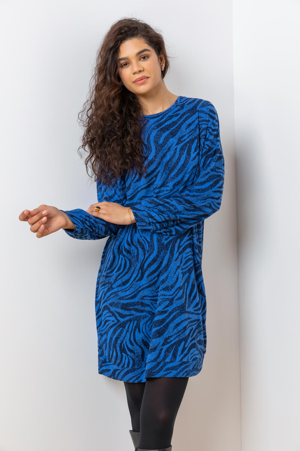 Royal Blue Animal Print Jacquard Sweater Dress, Image 5 of 5