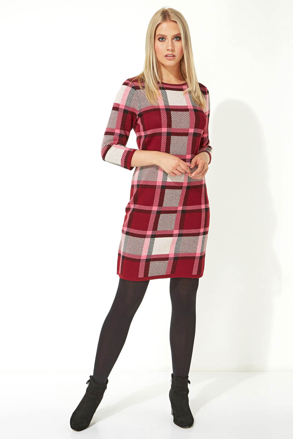 PINK Check Print Knitted Dress, Image 2 of 5