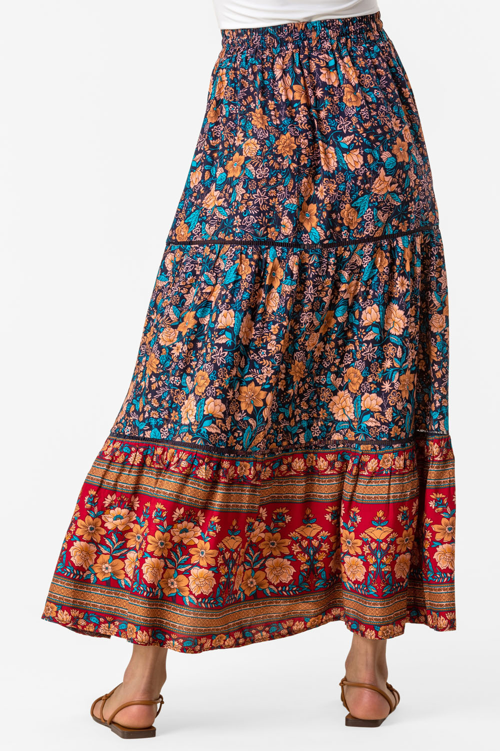 Floral Border Print Maxi Skirt in Navy - Roman Originals UK
