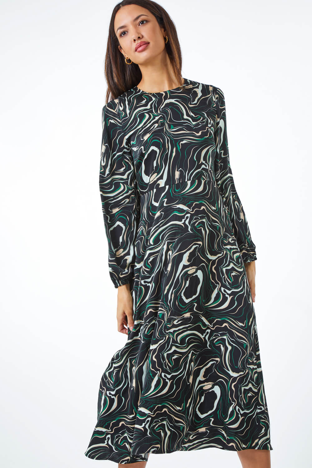 Black Marble Print Fit & Flare Dress , Image 2 of 5