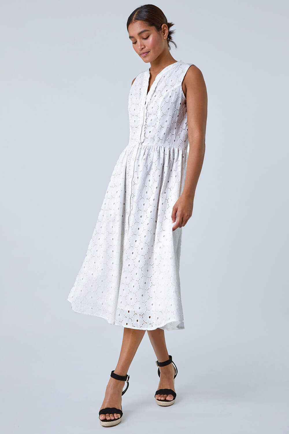 White Floral Cotton Broderie Midi Dress, Image 2 of 5