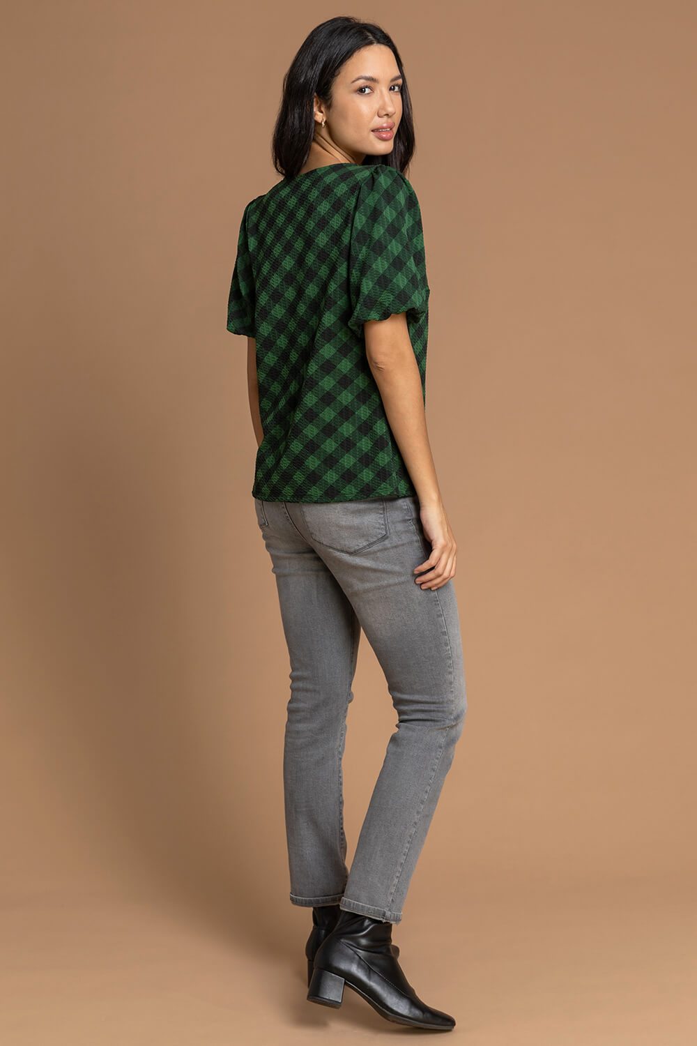 Green Check Print Puff Sleeve Top, Image 2 of 4