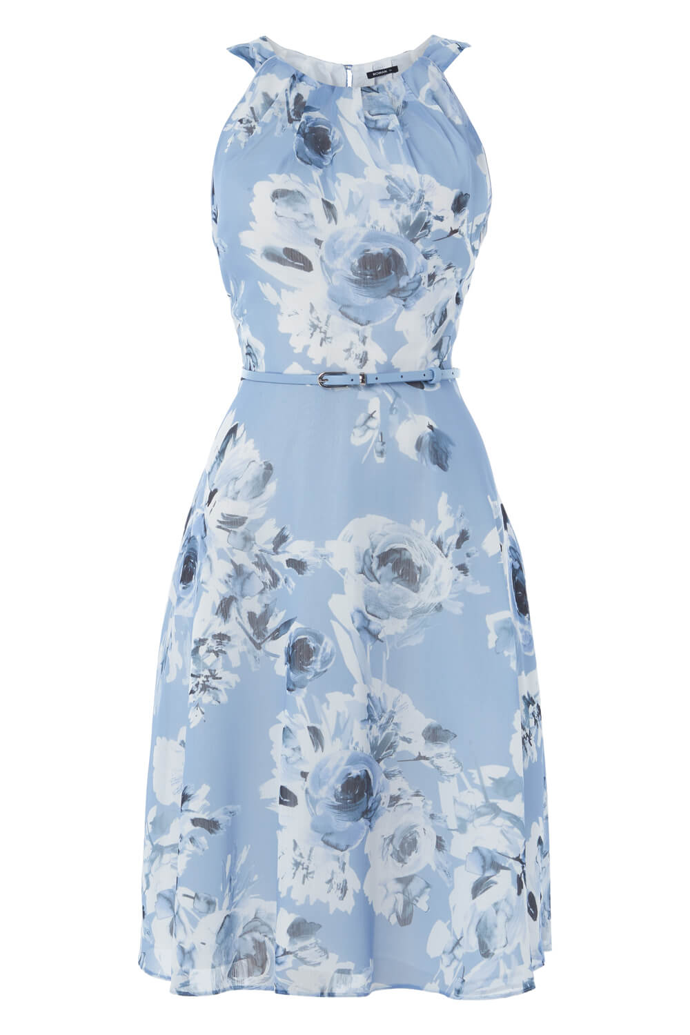 Blue Floral Fit and Flare Dress with Belt, Image 4 of 4