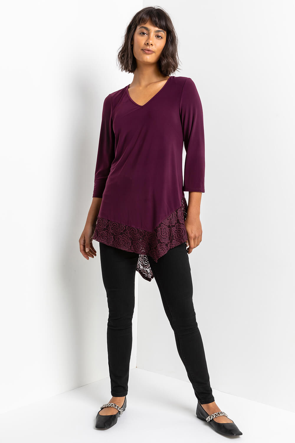 Purple Asymmetric Lace Hem Jersey Top, Image 3 of 5