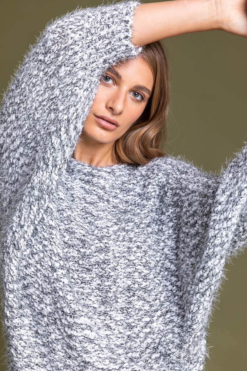 Grey Fluffy Batwing Sleeve Jumper, Image 4 of 4