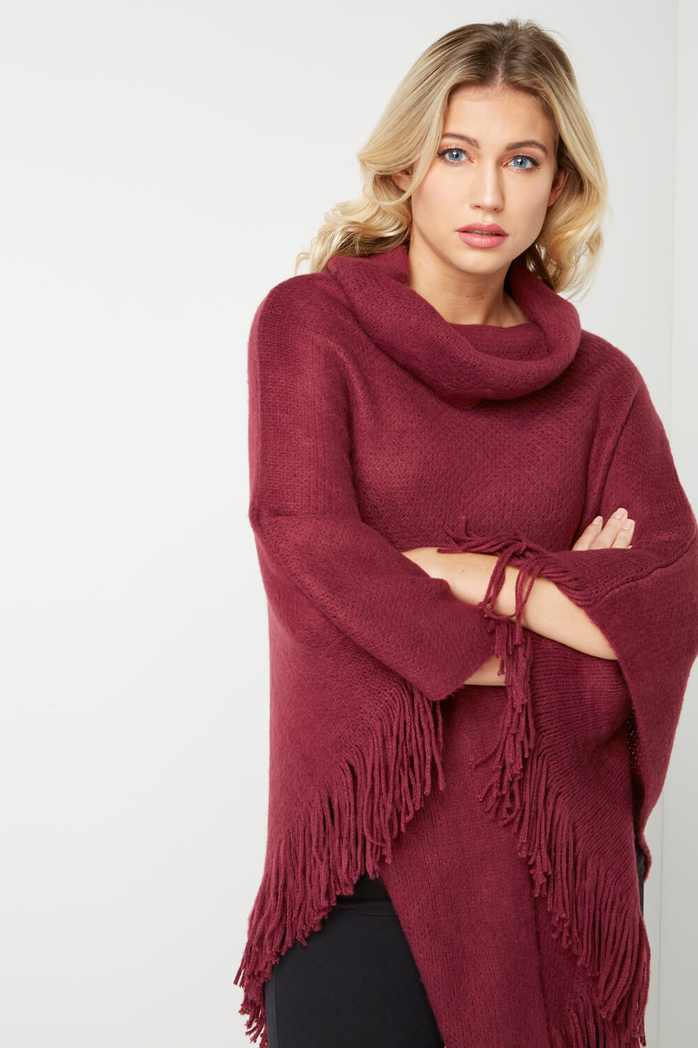 Roll Neck Poncho in Burgundy - Roman Originals UK