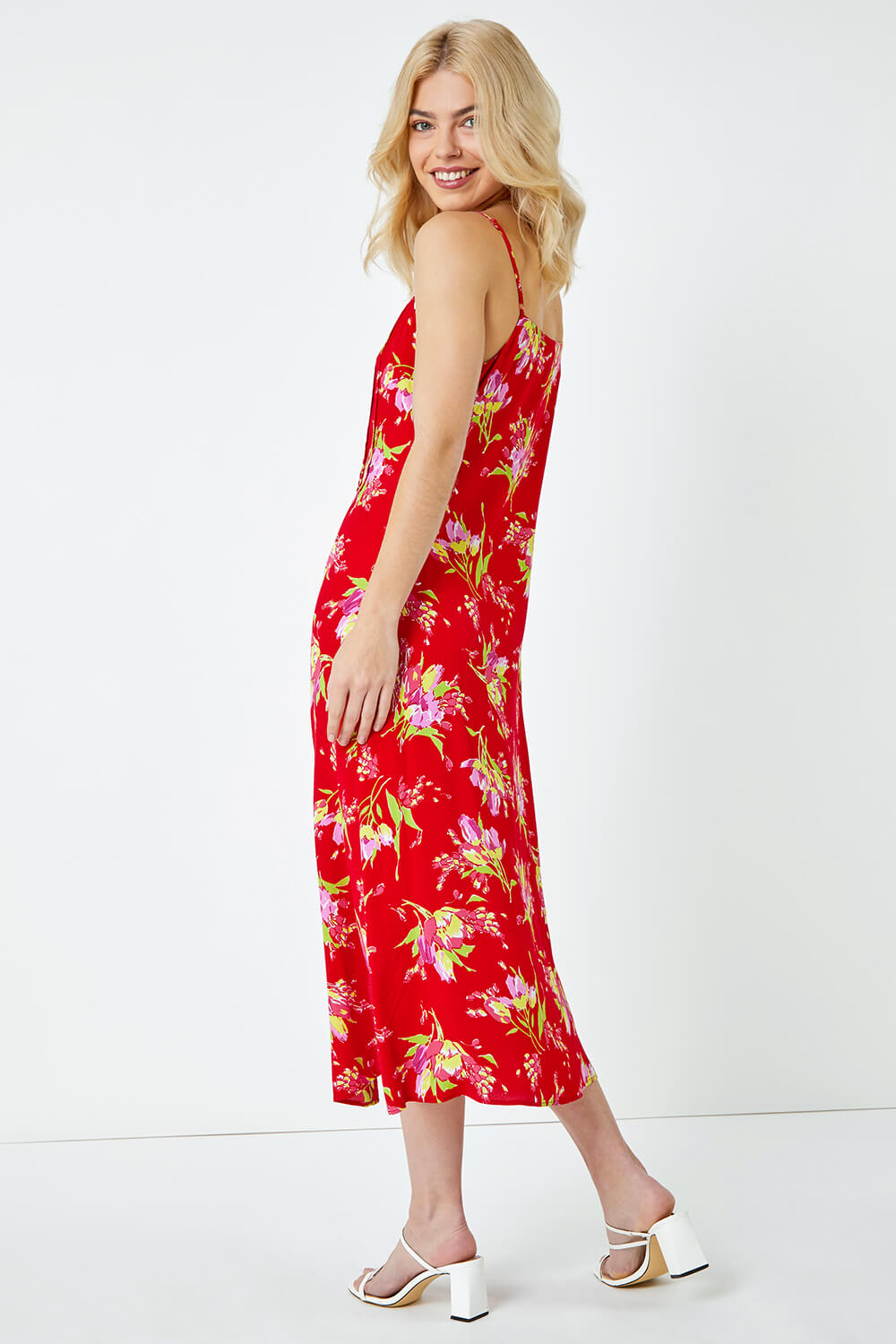 Red Strappy Floral Square Neck Midi Dress, Image 3 of 5
