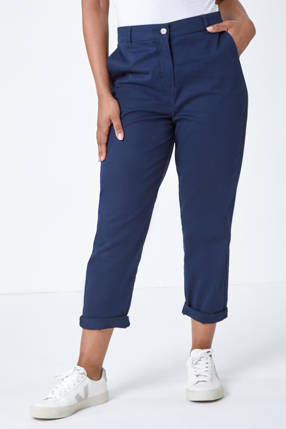 Navy  Petite Cotton Blend Stretch Chino Trousers, Image 4 of 5