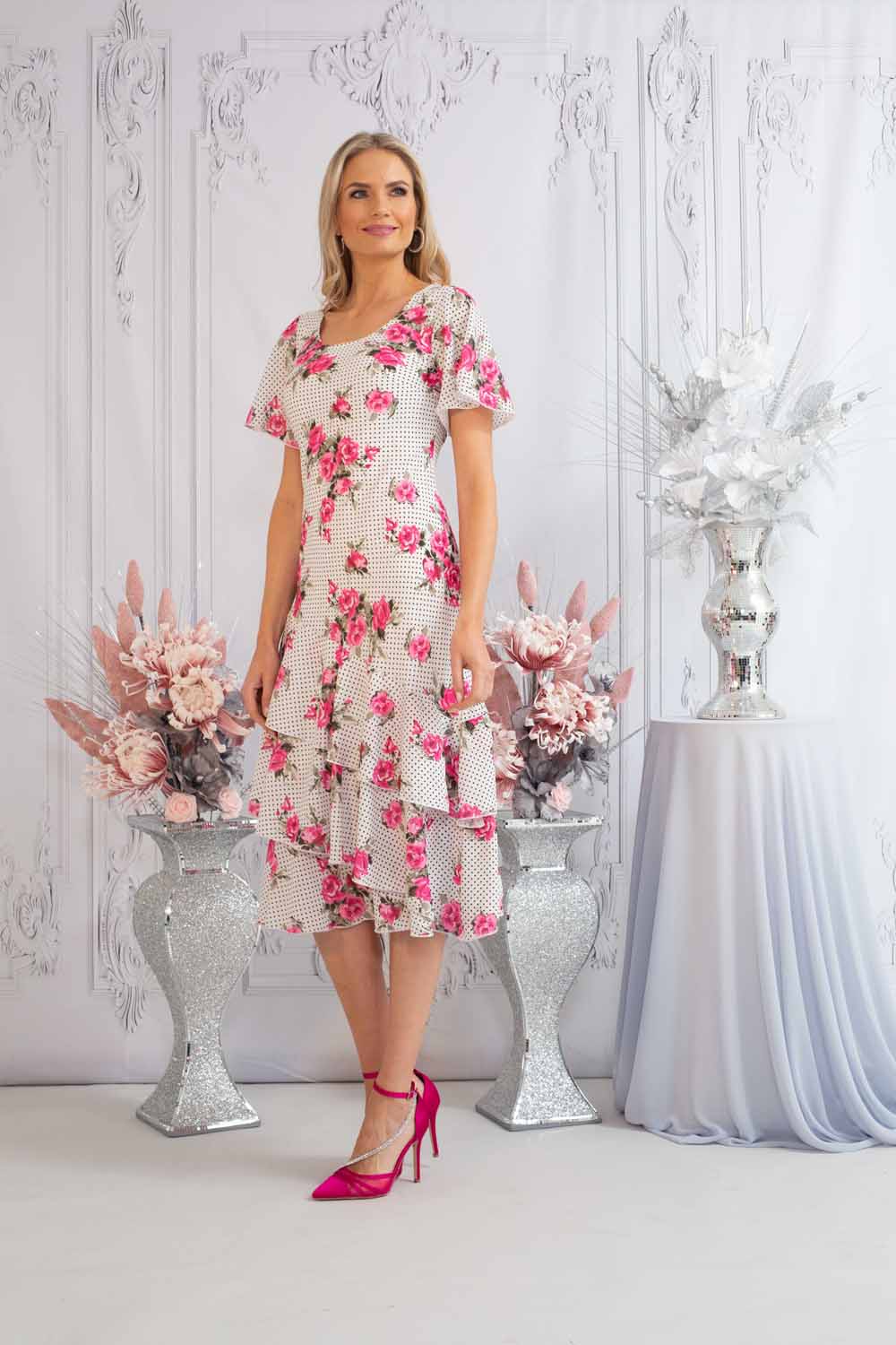 White Julianna Floral Tiered Bias Cut Dress, Image 1 of 4
