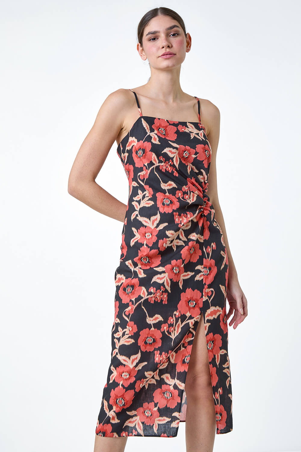 Floral Linen Look Ruched Midi Dress