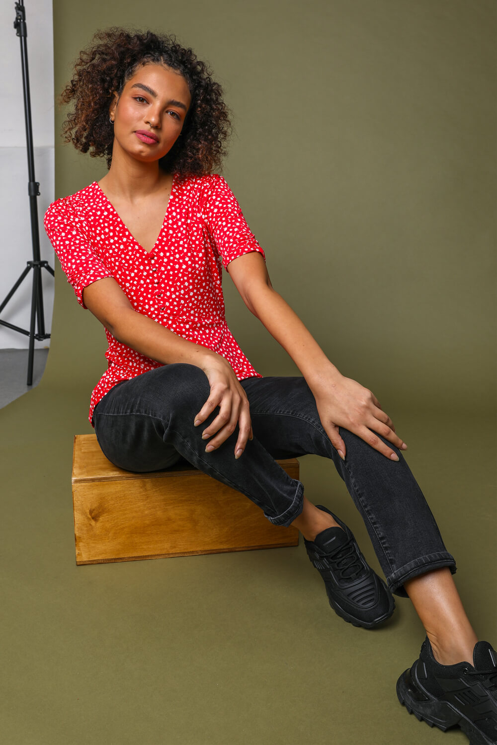 Red Ditsy Floral Print V-Neck Top, Image 5 of 5