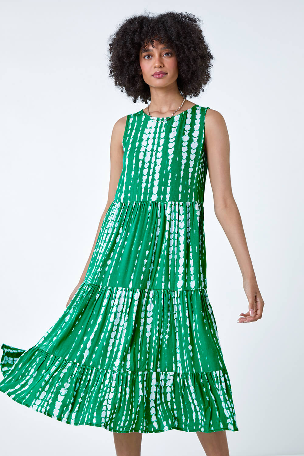Green Tie Dye Print Sleeveless Smock Dress, Image 2 of 5