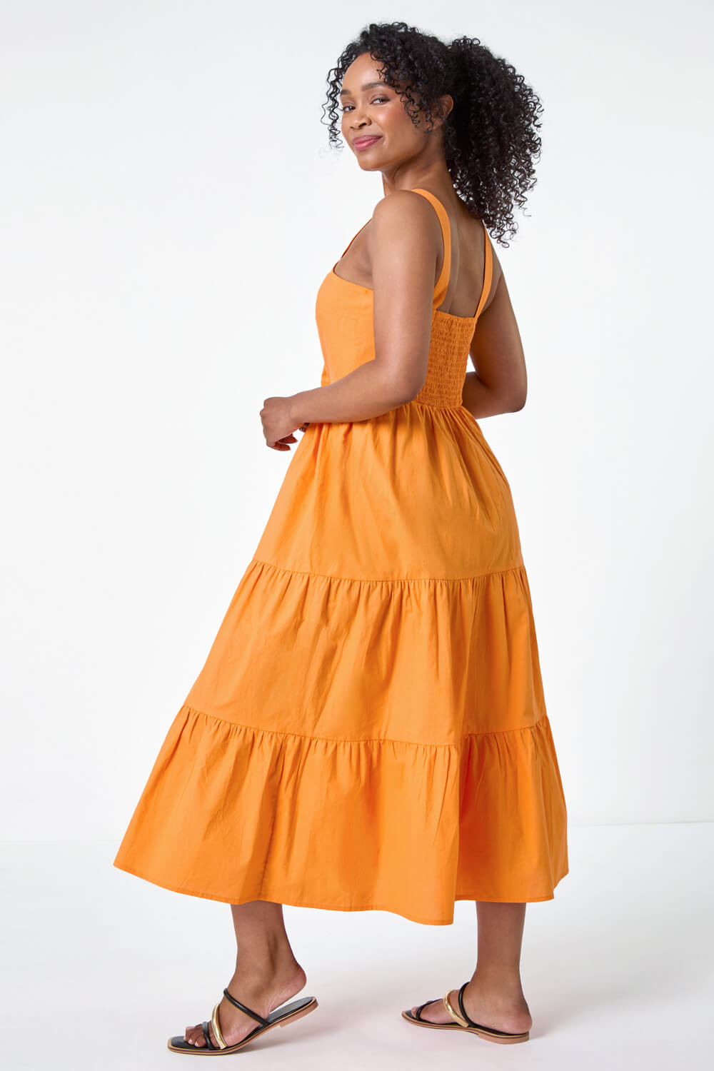 MANGO Petite Tiered Cotton Shirred Midi Dress, Image 3 of 5