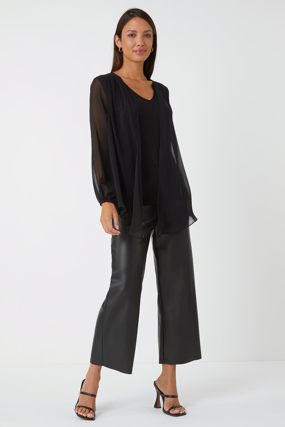 Black Contrast Chiffon Overlay Stretch Top, Image 2 of 5