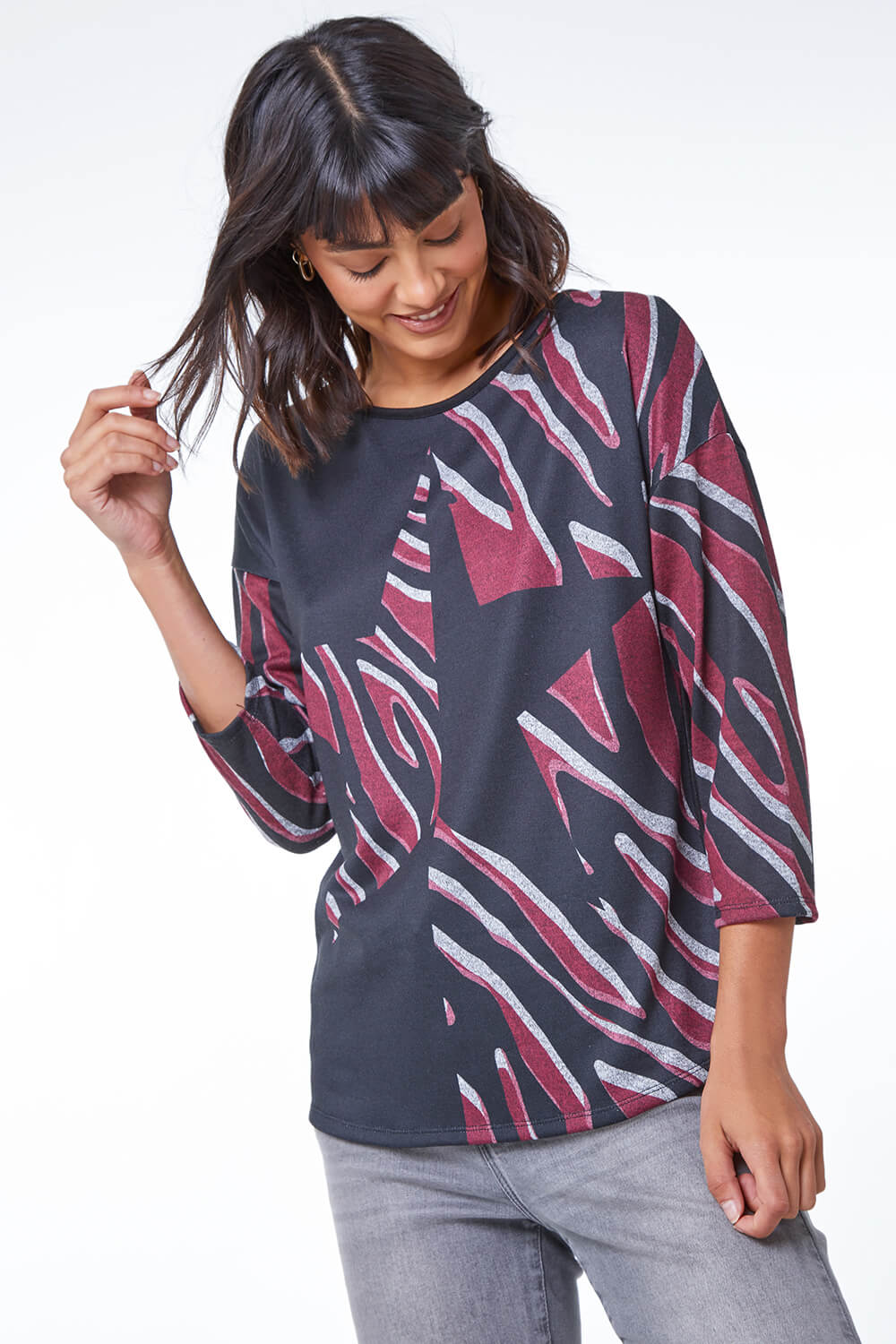 Wine Star Print Stretch Jersey Top, Image 2 of 5
