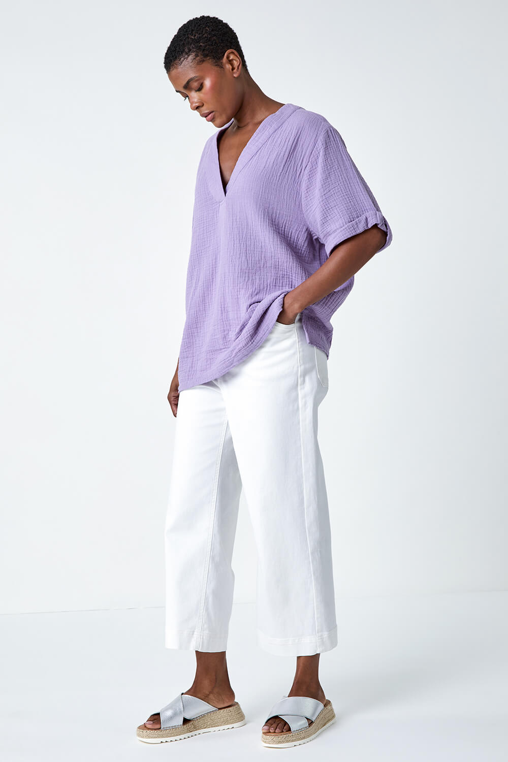 Lilac Textured Cotton Relaxed T-Shirt, Image 2 of 5