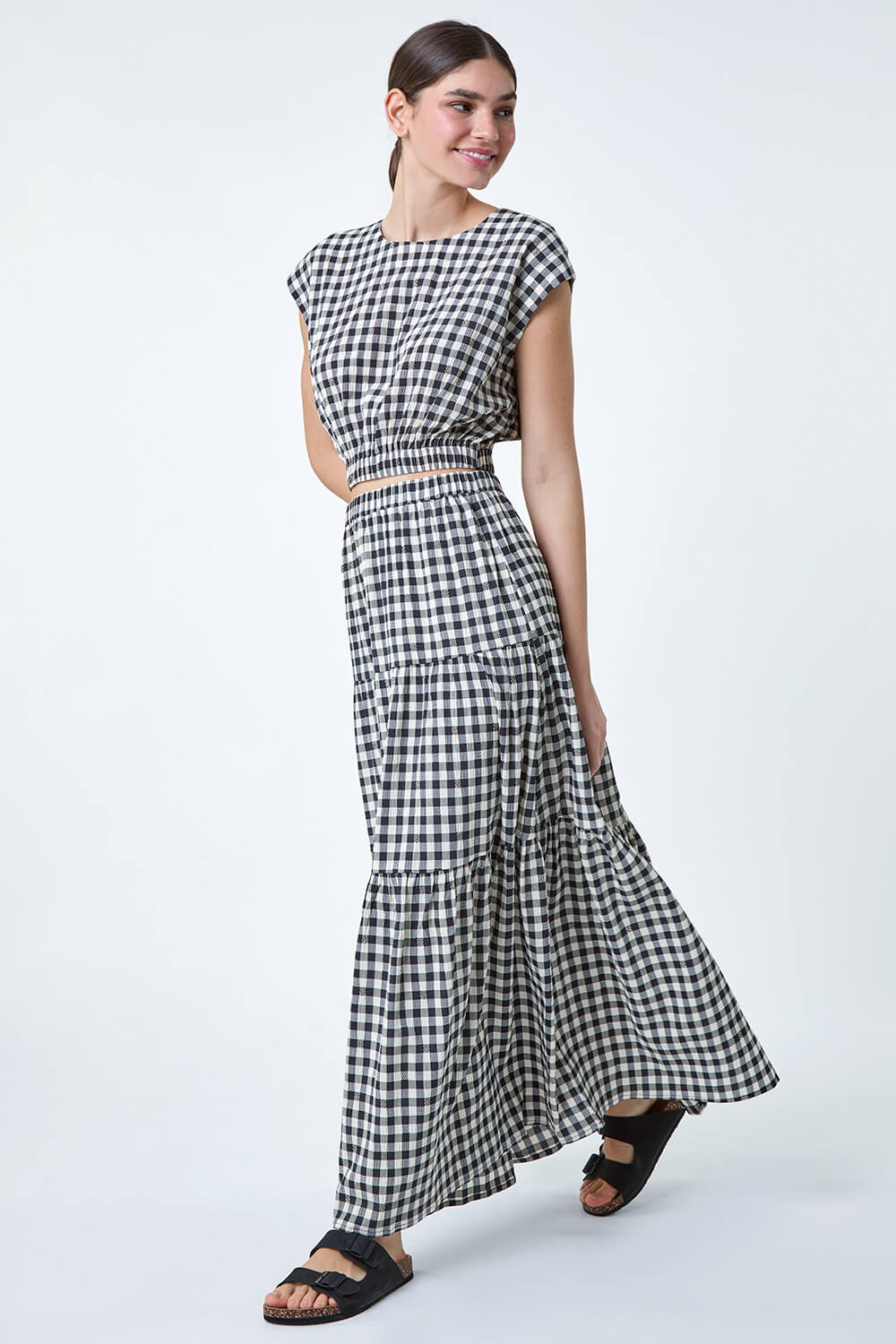 Black Gingham Check Tiered Maxi Skirt, Image 2 of 7
