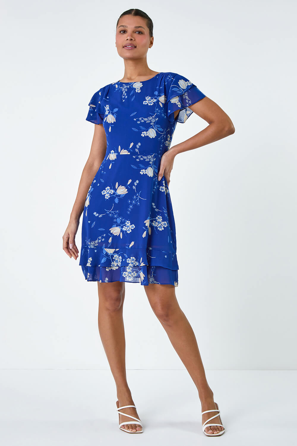 Blue Floral Print Frill Detailed Skater Dress, Image 2 of 5