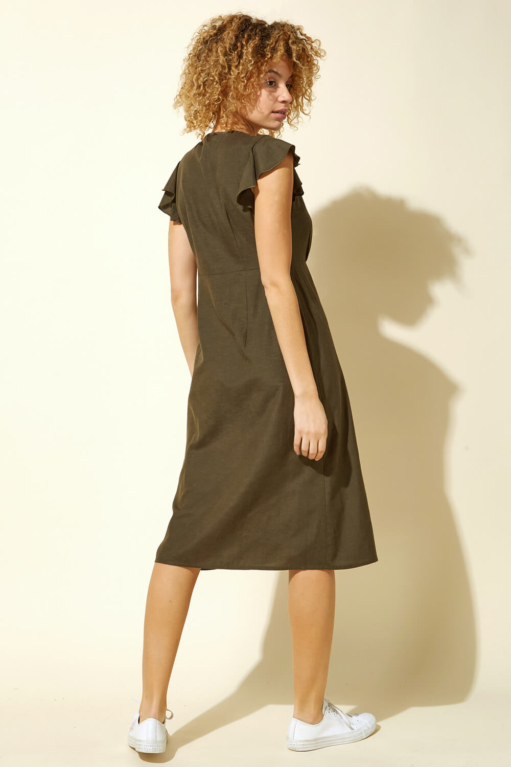 KHAKI Button Down Frill Sleeve Midi Dress, Image 2 of 4