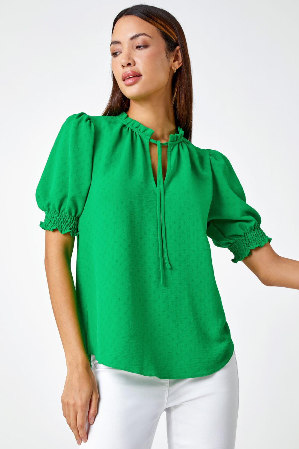 Green Frill Neck Plain Tie Detail Top, Image 2 of 5