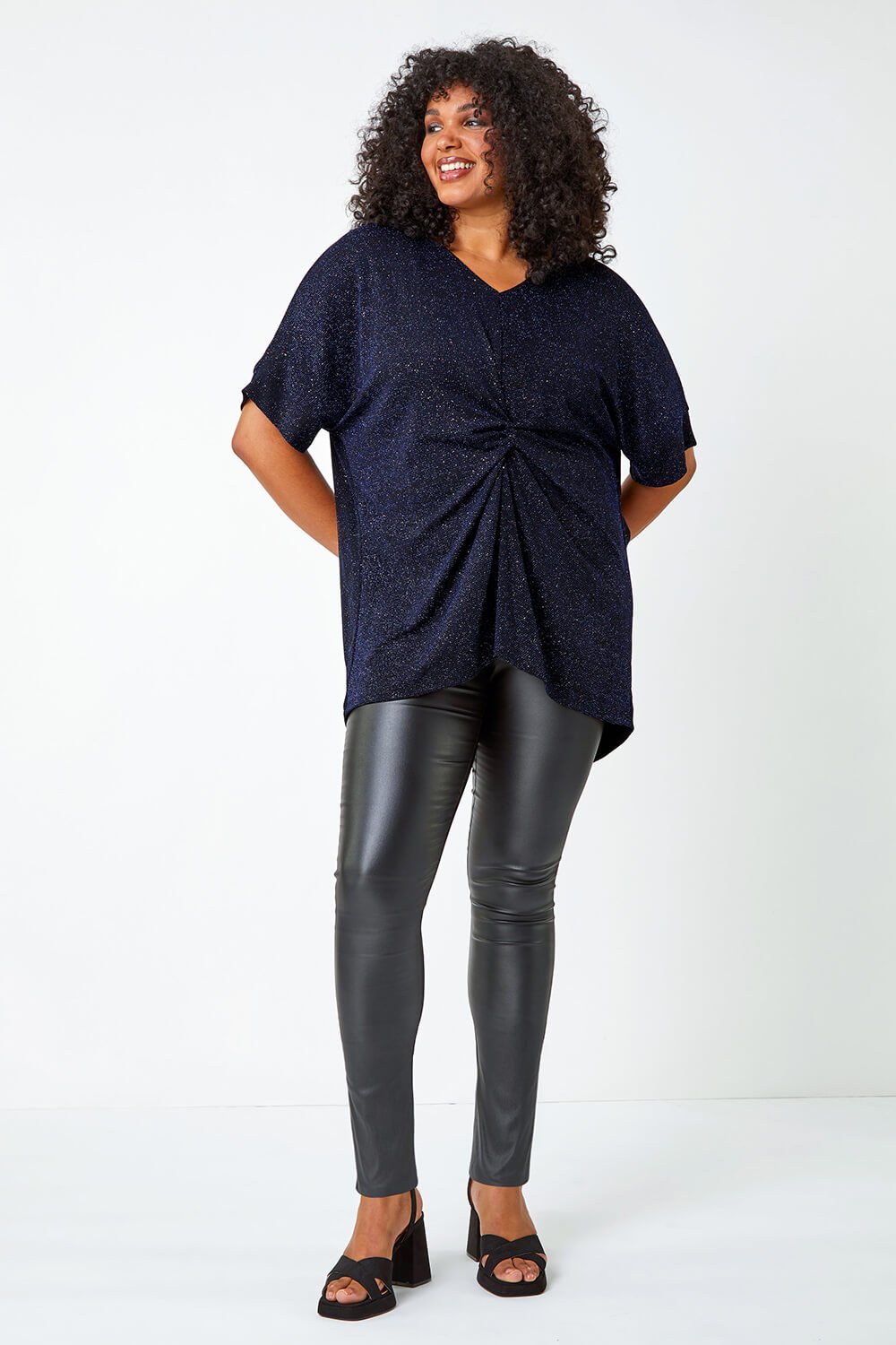 Royal Blue Curve Twist Front Glitter Stretch Top, Image 2 of 5