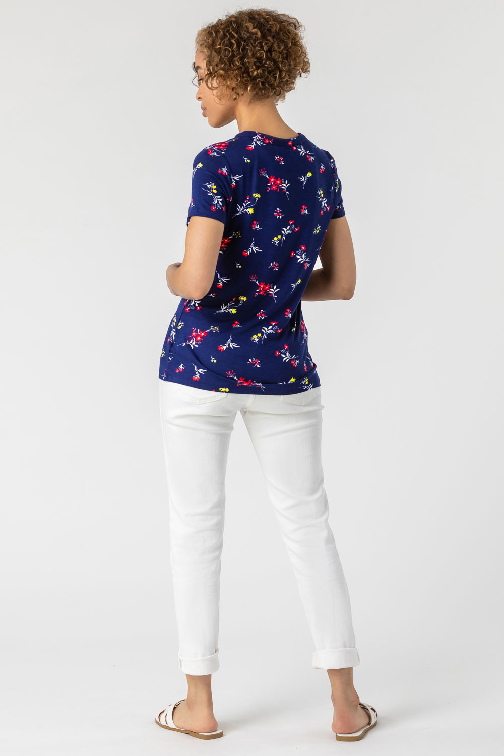 Navy  Floral Button Front T-Shirt, Image 2 of 5