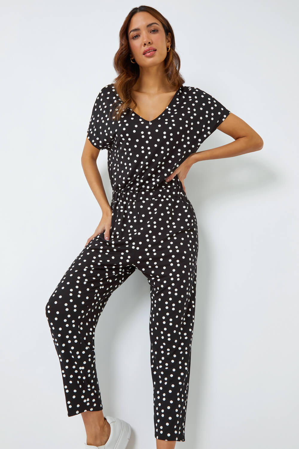 Black Polka Dot Print Stretch Jumpsuit , Image 2 of 5