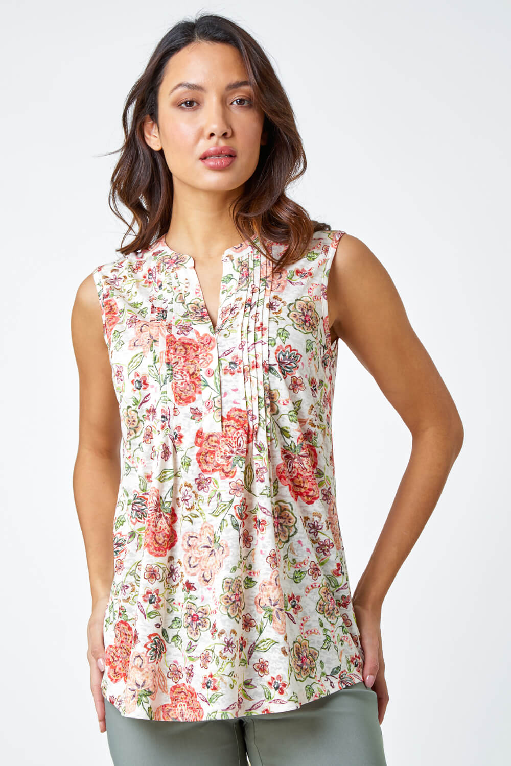 Red Floral Pintuck Detail Stretch Top | Roman UK
