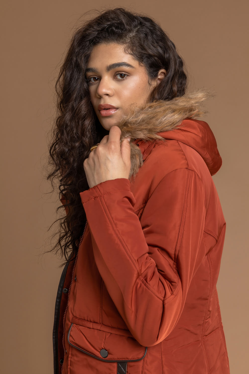 Rust Faux Leather Trim Hooded Parka Coat, Image 4 of 4