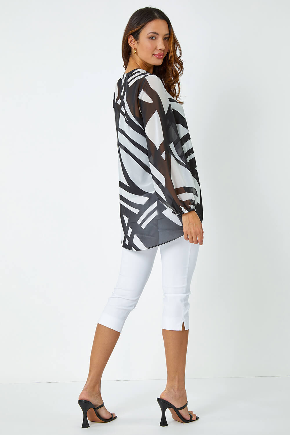 Ivory  Abstract Print Longline Button Blouse, Image 3 of 5