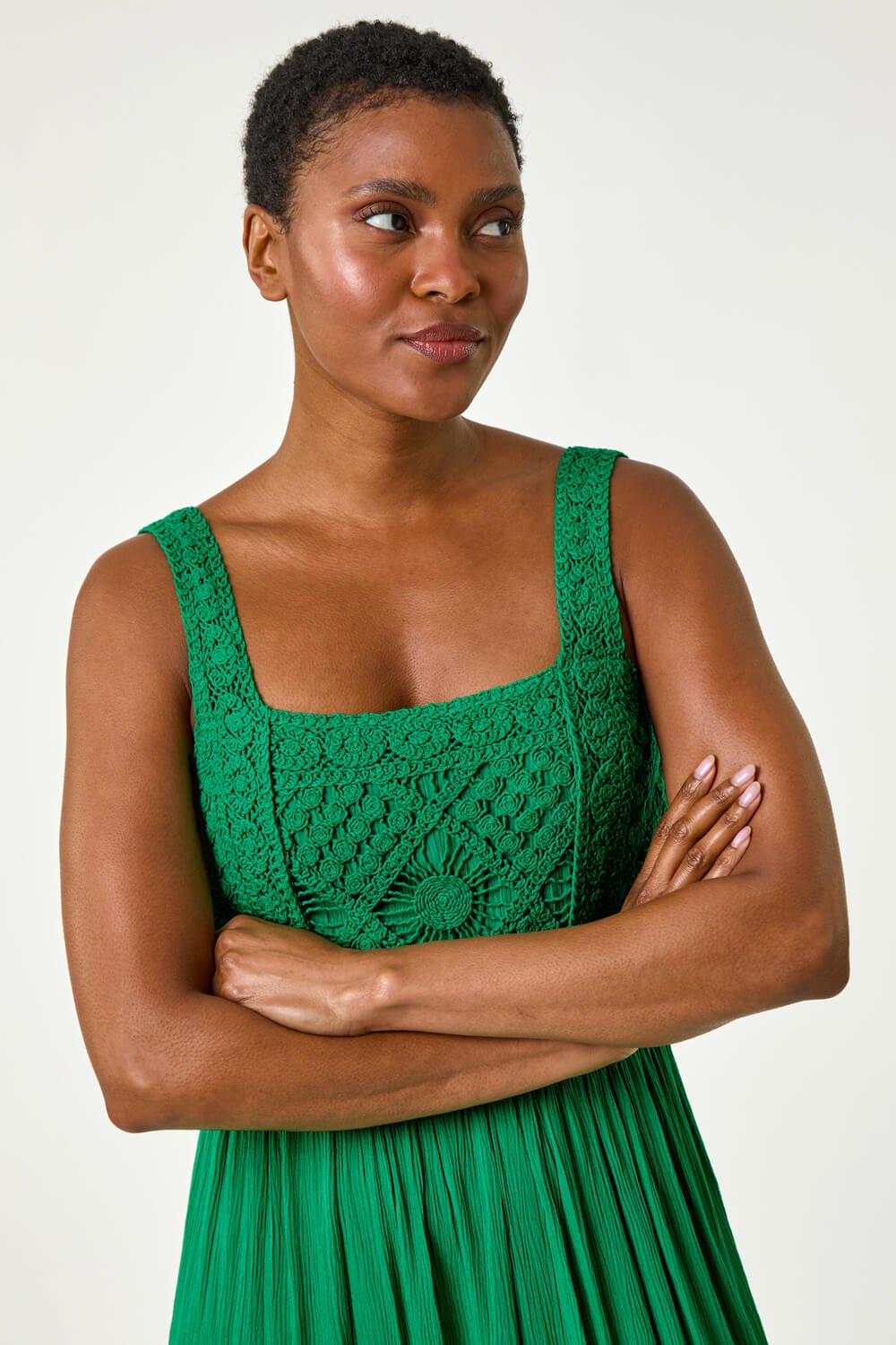 Green Crochet Detail Cotton Blend Maxi Dress, Image 4 of 5