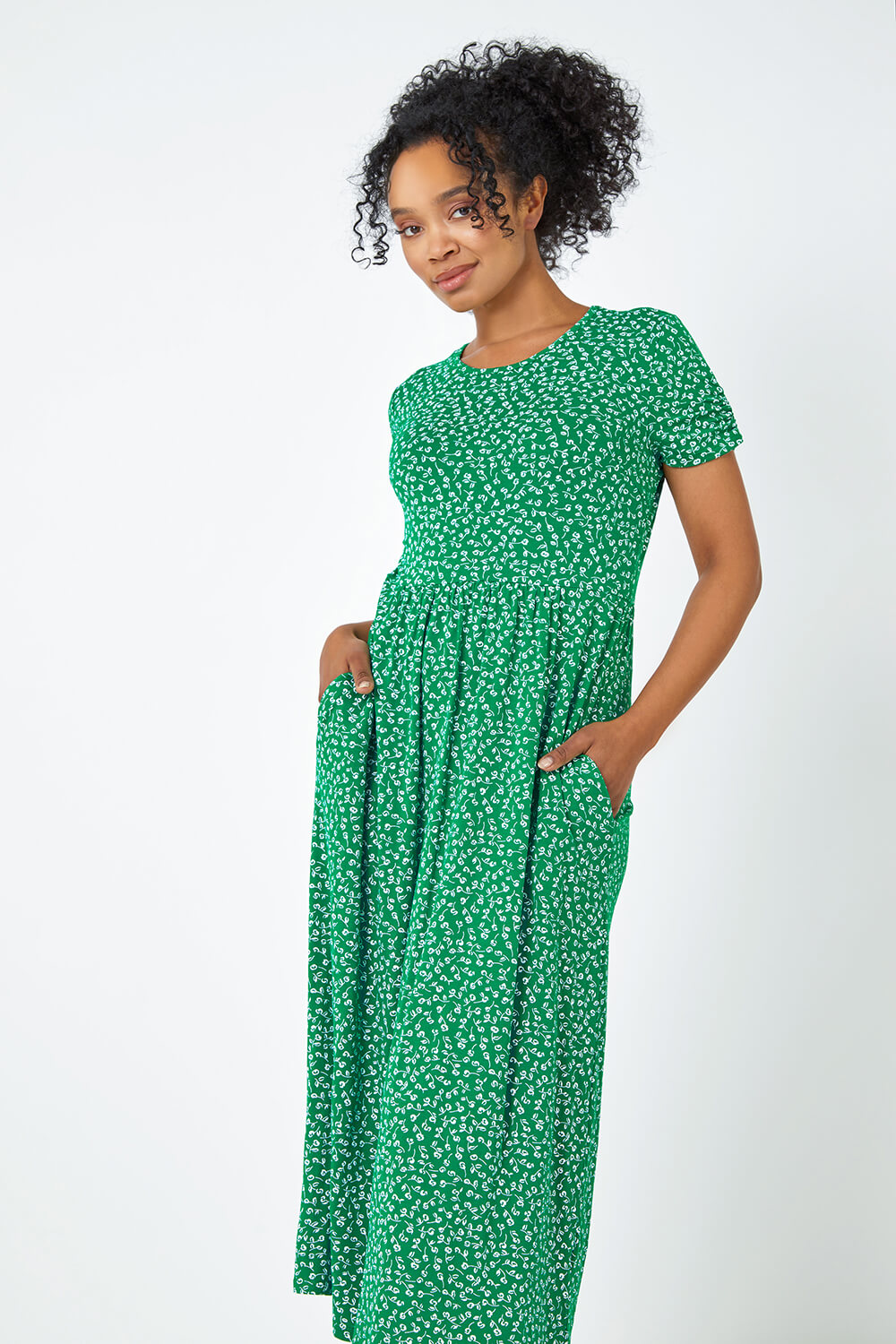 Green Petite Floral Print Midi Dress , Image 2 of 5