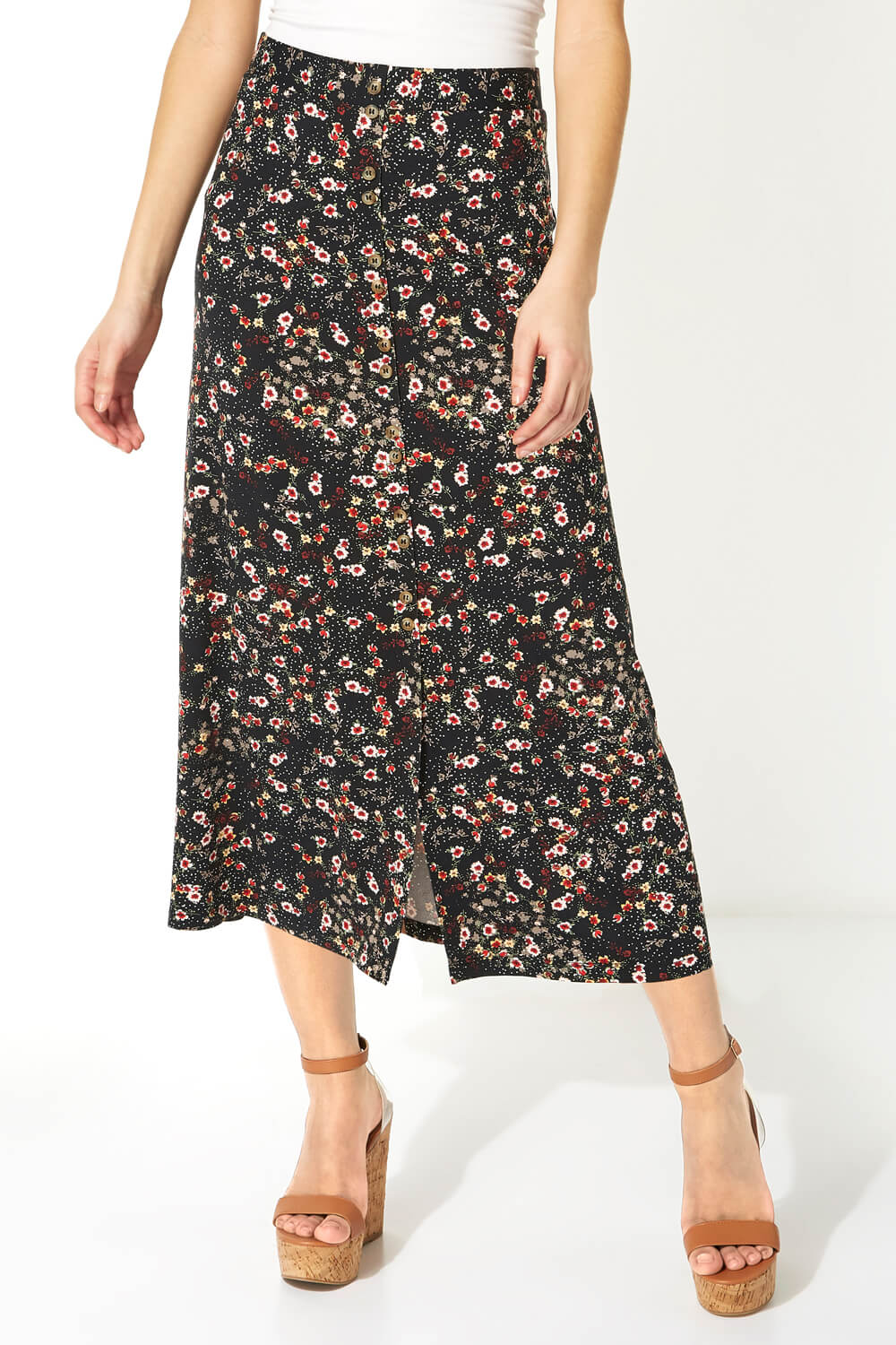 Black Floral Print Button Through Midi Skirt, Image 2 of 6