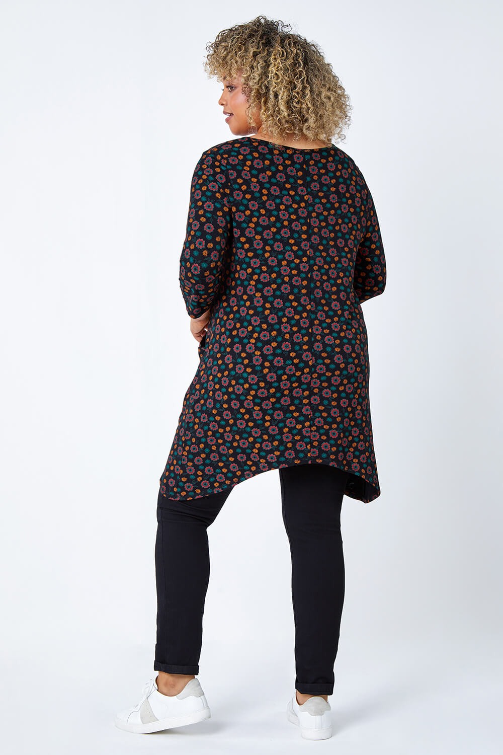 Rust Curve Floral Pocket Detail Stretch Tunic Top, Image 3 of 5