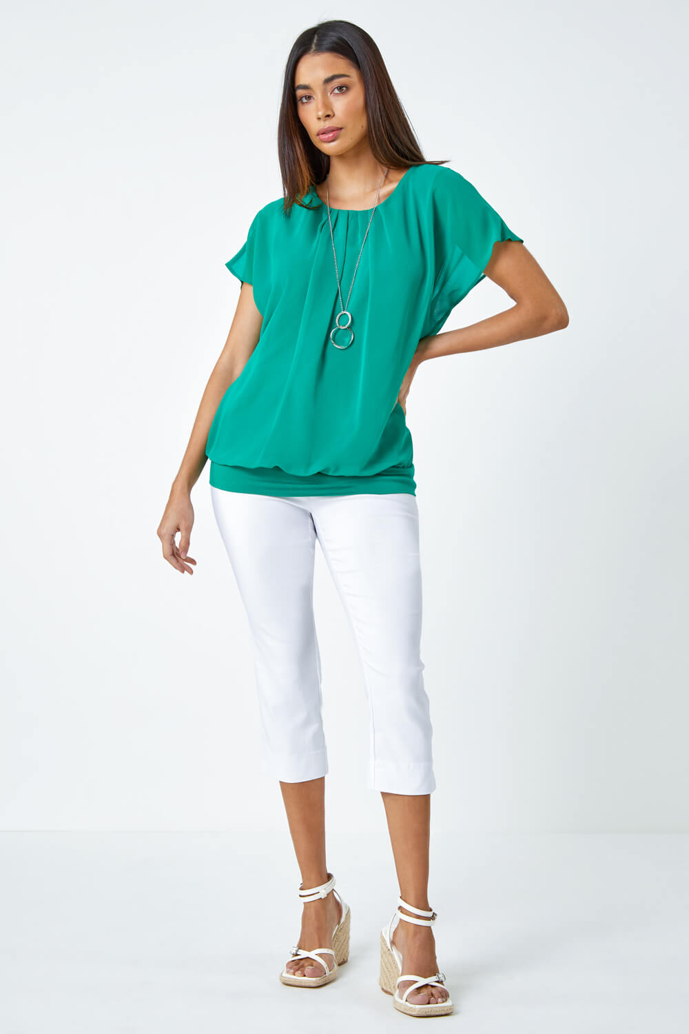 Jade Chiffon Jersey Blouson Top with Necklace, Image 2 of 5