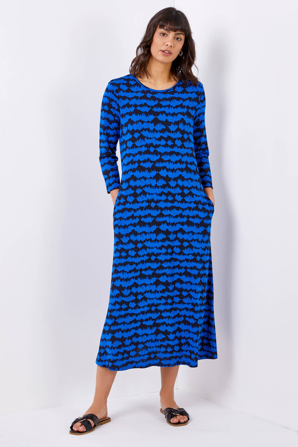Royal Blue Tie Dye Pocket Jersey Midi Dress, Image 2 of 4