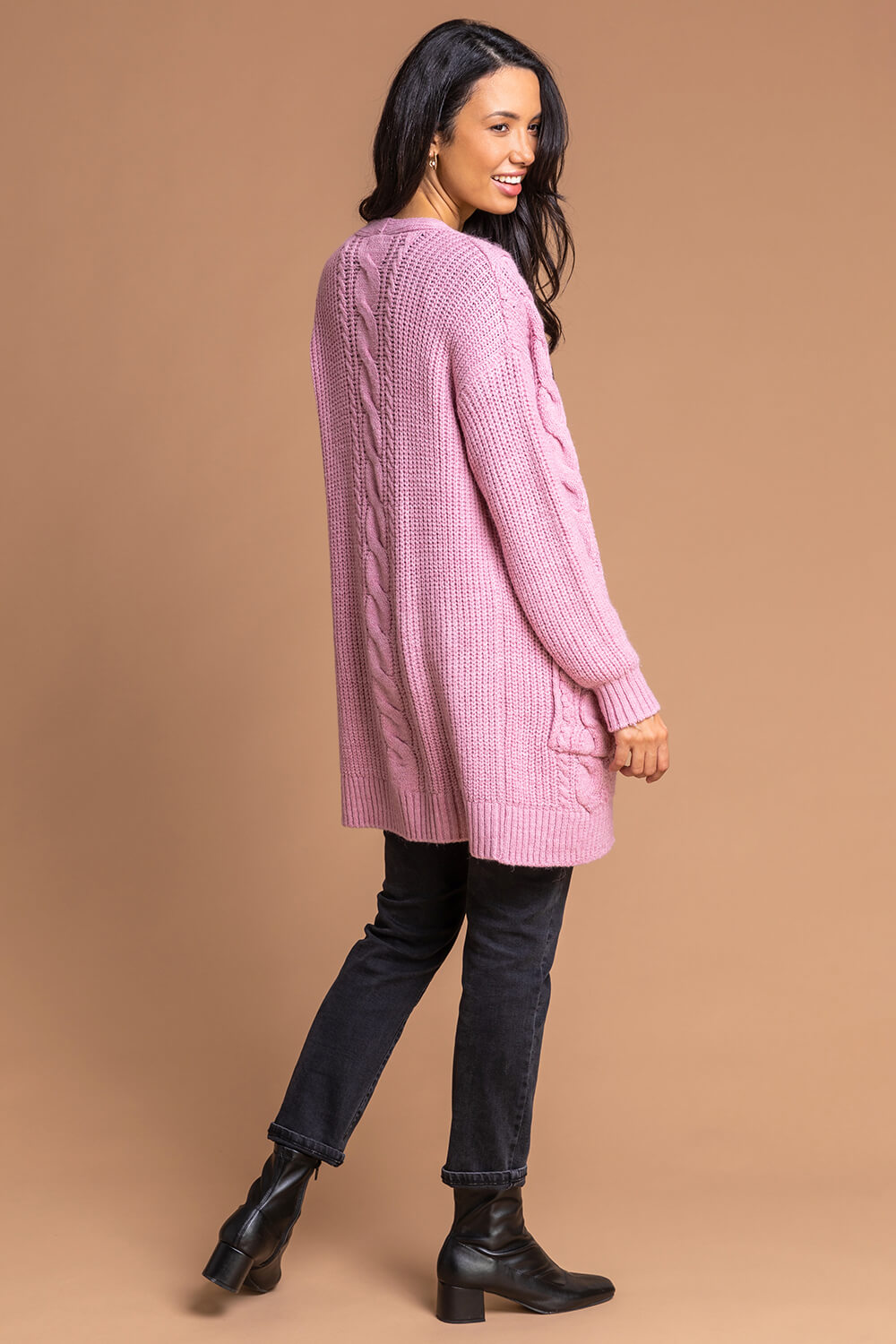 PINK Cable Knit Longline Cardigan, Image 2 of 4