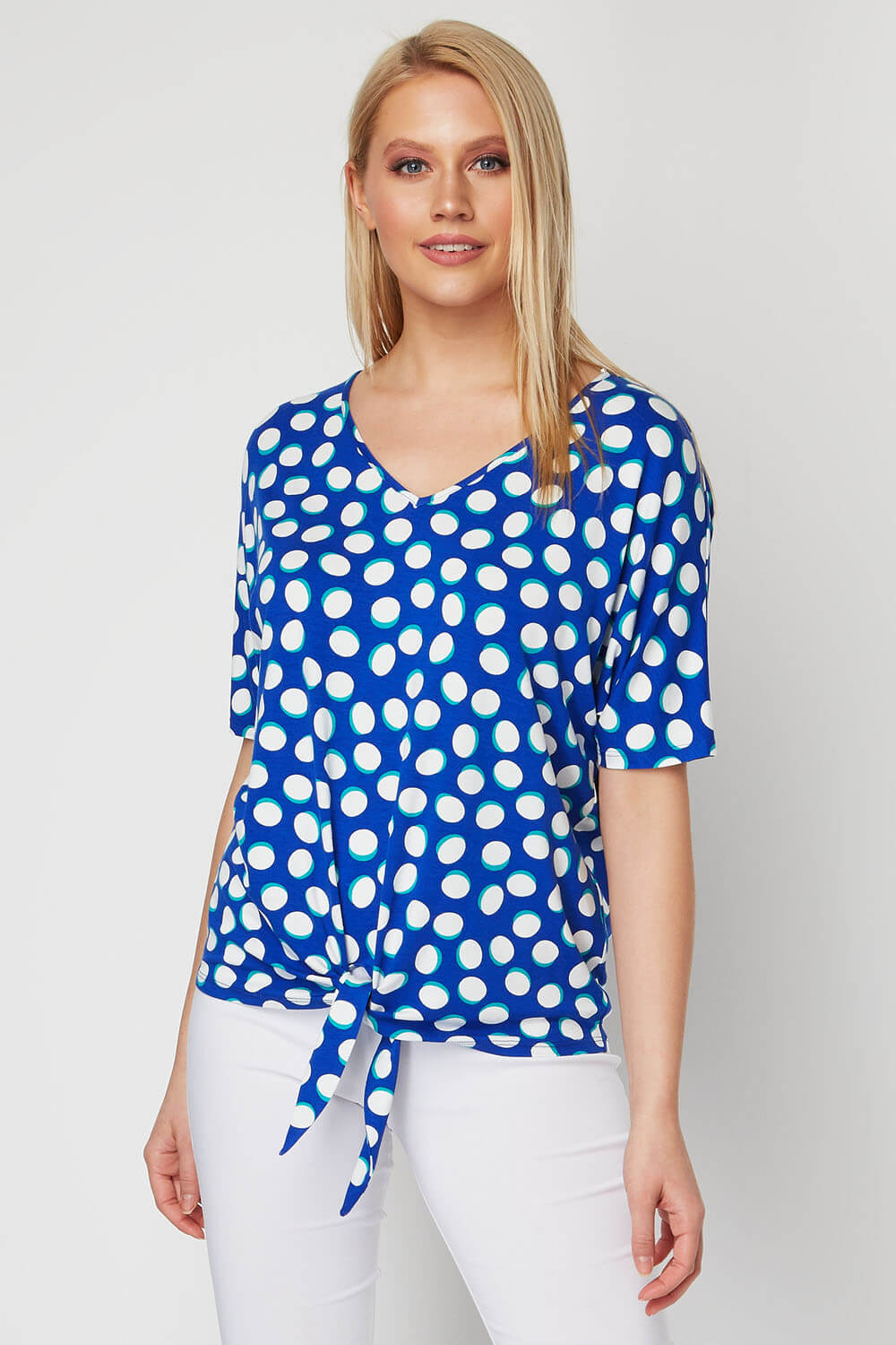 Polka Dot Tie Front Top in Blue - Roman Originals UK