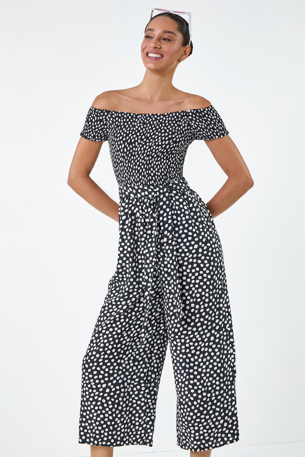 Black Polka Dot Shirred Stretch Bardot Jumpsuit, Image 2 of 5