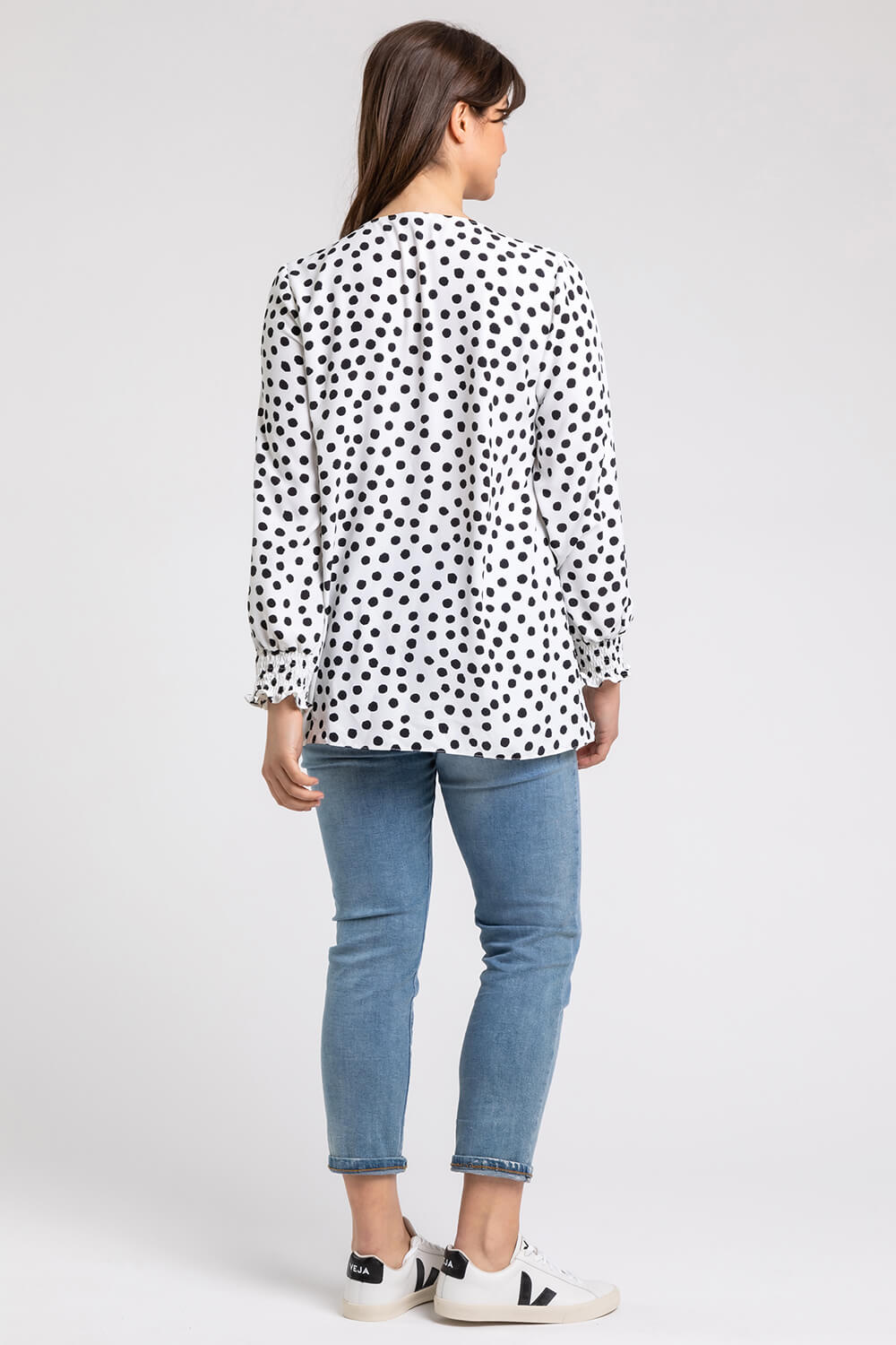 Ivory  Curve Spot Print Frill Detail Top, Image 2 of 4