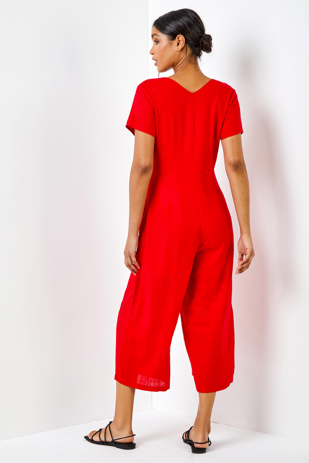 Red Cotton Blend Culotte Jumpsuit, Image 4 of 6