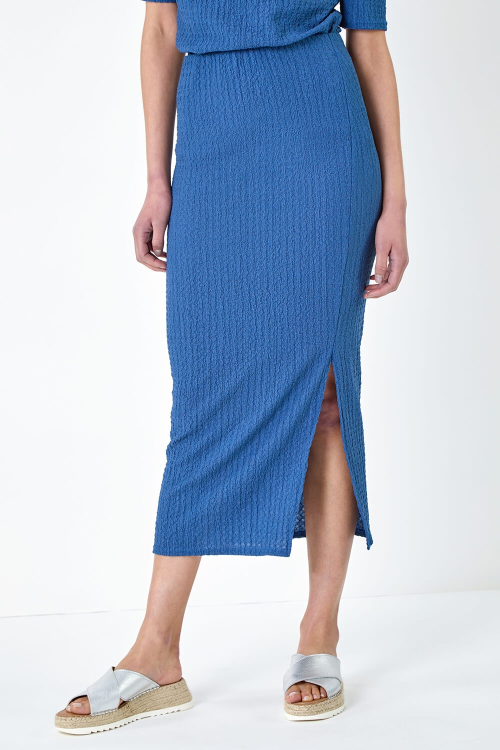 Denim Textured Stretch Midi Skirt, Image 4 of 5